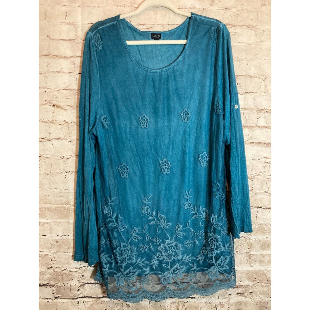 Fantazia Tunic Top Womens XL Teal Blue Distress Wash Embroidered Linen Blend